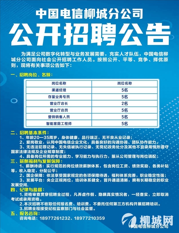 中国电信柳城分公司公开招聘